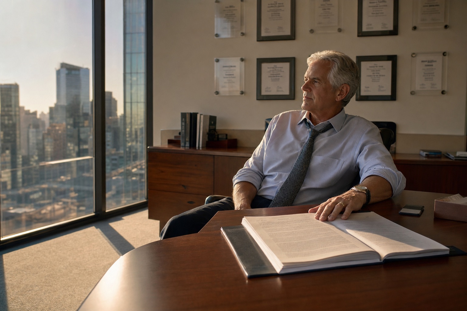 A senior corporate partner sits alone behind a polished desk in a high-floor office at late afternoon, looking past a thick open document toward the window. The wall behind him is hung with neat rows of framed deal announcements.